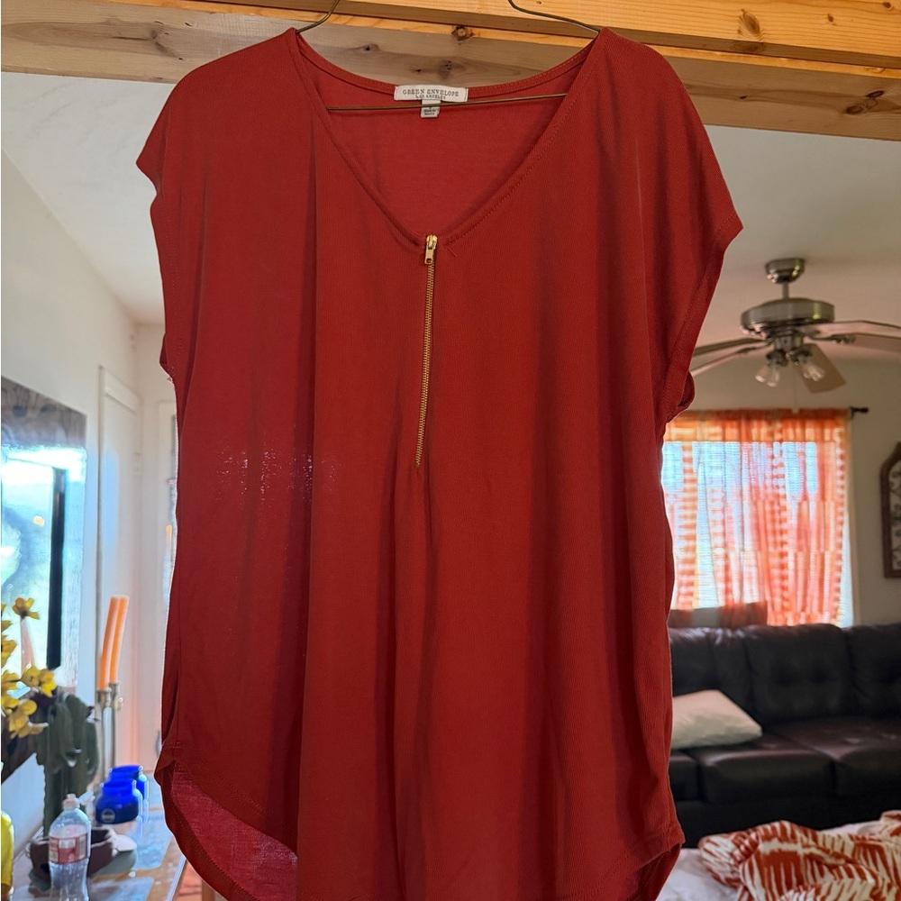 Green Envelope Red V-Neck Blouse with Zipper